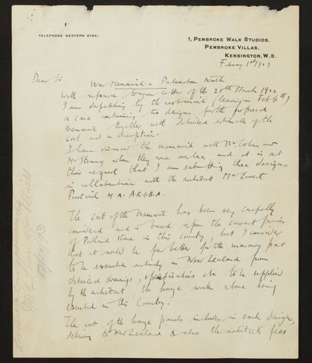 Correspondence regarding design of memorial, PN & Districts Soldiers' Memorial Fund, February 1923 2