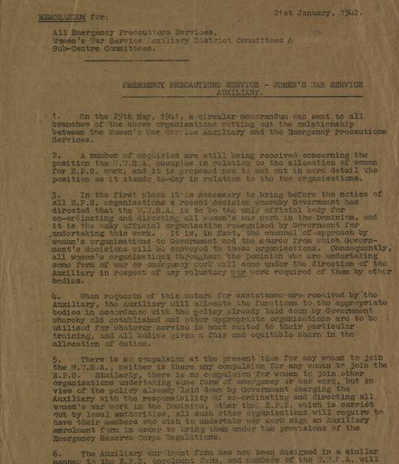 Memorandum from National Service Department 21 January 1942