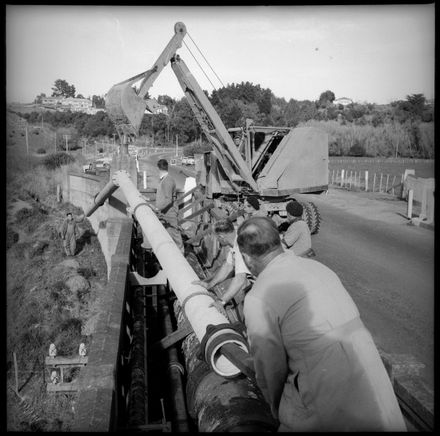 Main Lifted into Position" Water Pipe Lifted Into Position on Fitzherbert Bridge