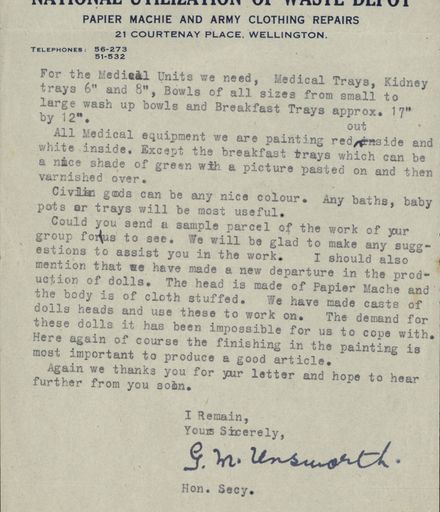 Correspondence: Letter from National Utilization of Waste Depot Papier Machie and Army Clothing Repairs Page 2