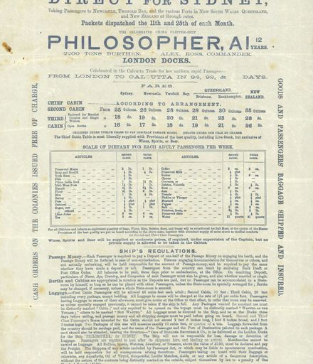 Advertisement for travel on the sailing ship, 'Philosopher'
