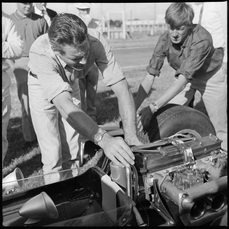 Inspecting Engine on Jim Clarks car