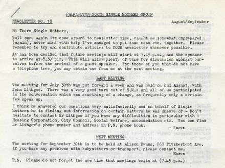 Palmerston North Single Mothers' Group - Newsletter No. 18, August/September 1976