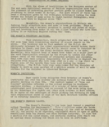 Memorandum from Ministry of Information, England to Women's War Service Auxiliary