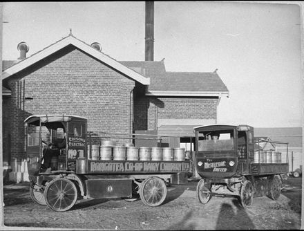 Edison electric trucks outside Rongotea Co-operative Dairy Company Ltd