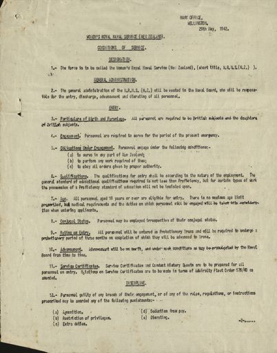 Memorandum: Women's Royal Naval Service (New Zealand) conditions of service.