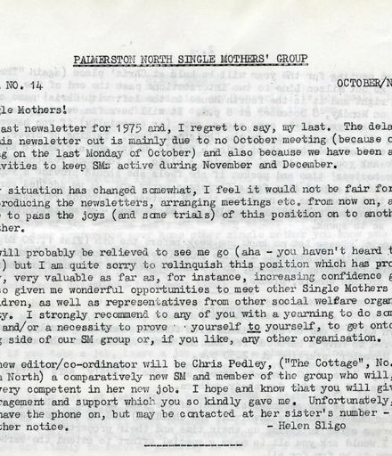 Palmerston North Single Mothers' Group - Newsletter No. 14, October/November 1975
