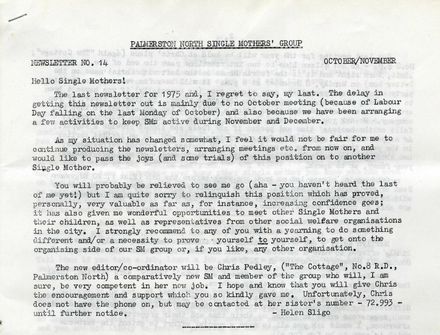 Palmerston North Single Mothers' Group - Newsletter No. 14, October/November 1975