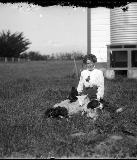 Woman with Dogs and Pet Sheep