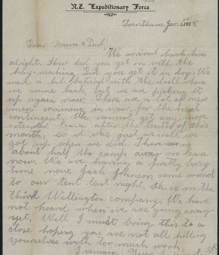 Letter home from Trentham during WWI