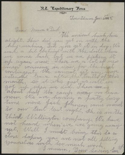 Letter home from Trentham during WWI