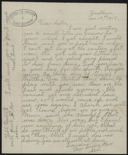 Letter from Trentham during WWI