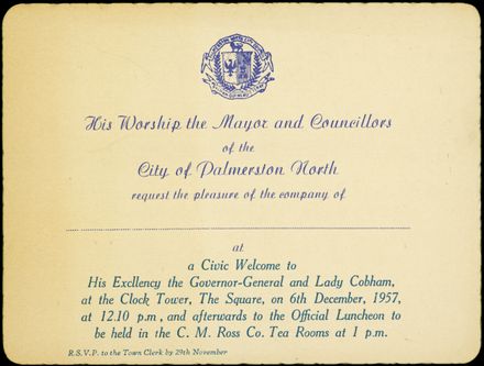 Invitation to a Civic Welcome for the Governor General and Lady Cobham