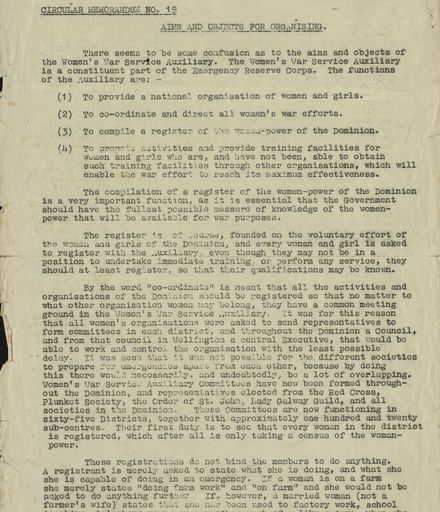Women's War Service Auxiliary Memorandum No. 19