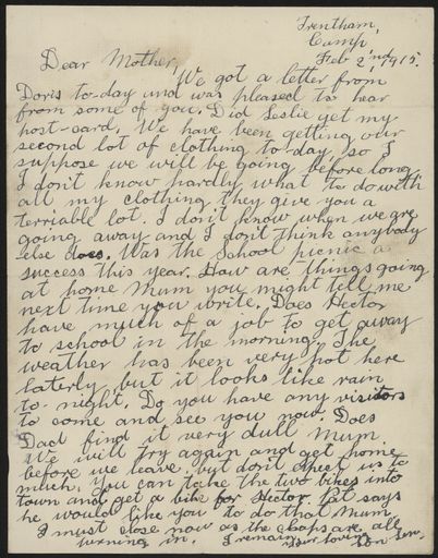 Letter from Len Argyle, from Trentham in WWI