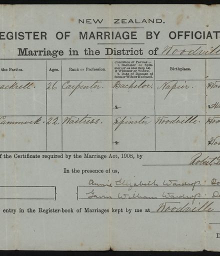 Marriage Certificate of Huia Mackrell and Doris Cammock