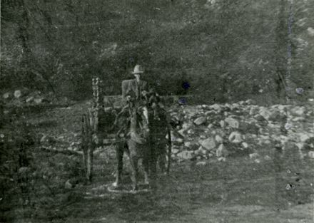 Henry Dittmer in horse and cart, fording the stream at Black Bridge