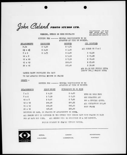 John Cleland Photo Studio Ltd. price list
