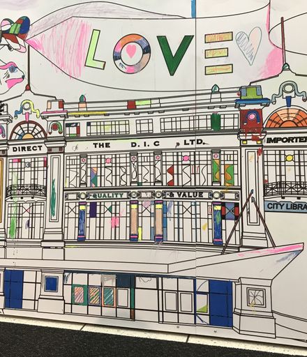 'My Manawatū' colouring-in mural at Plaza Shopping complex