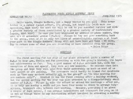 Palmerston North Single Mothers' Group - Newsletter No. 12, June/July 1975