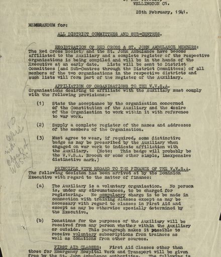 Women's War Service Auxiliary Memorandum