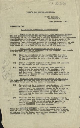 Women's War Service Auxiliary Memorandum