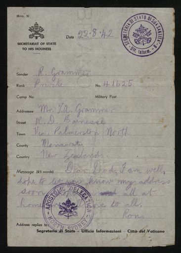 Letter to Mr. T. A. Grammer from Ron Grammer from Italy