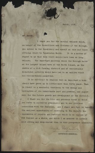 Letter from Sir Charles Ferguson to the Mayor of Palmerston North