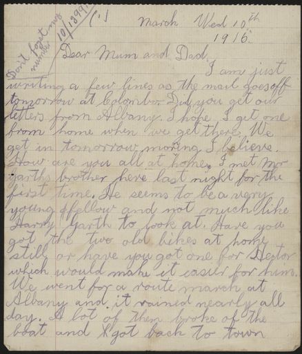 Letter from Len Argyle during WWI