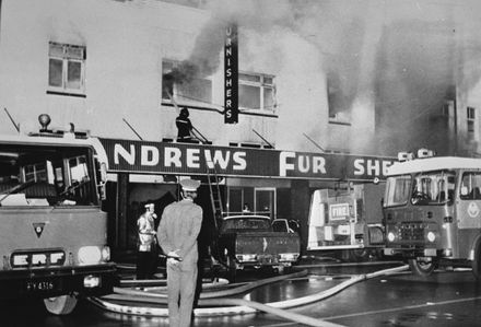 Firefighters at Andrews Furnishers, Rangitikei Street