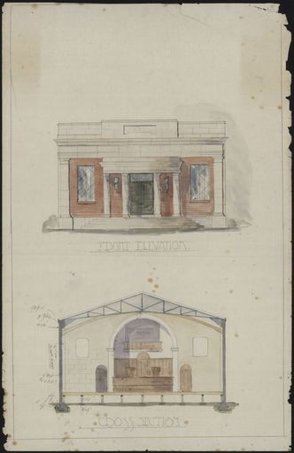 Plan for First Church of Christ, Scientist - Front Elevation and Cross Section
