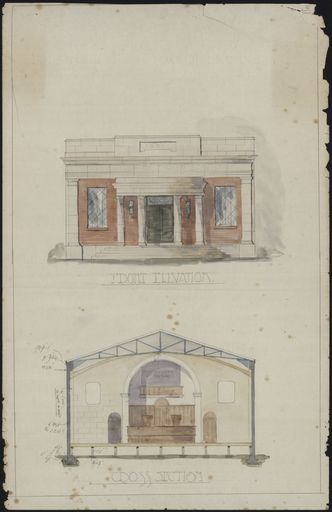 Plan for First Church of Christ, Scientist - Front Elevation and Cross Section