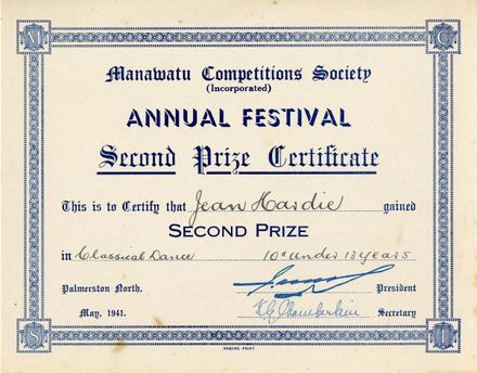 Manawatū Competitions Society, Second Prize Certificate, awarded to Jean Hardie in 1941