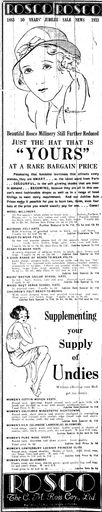 C M Ross Co. Ltd newspaper advertisement for hats and underwear