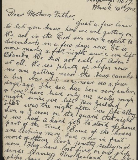 Letter home from troopship during WWI