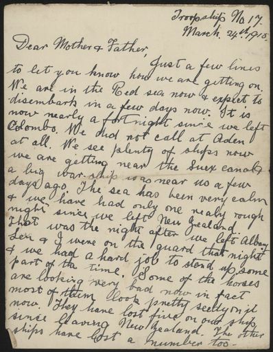 Letter home from troopship during WWI