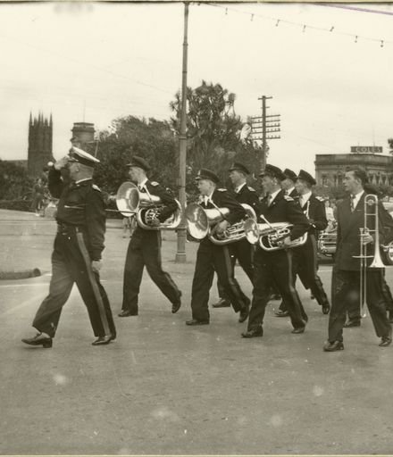 Band leading the Army March Past, as part of Palmerston North 75th Jubilee celebrations