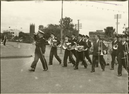 Band leading the Army March Past, as part of Palmerston North 75th Jubilee celebrations