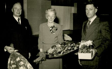 Mr D J Rodgers, Managing Director, Sylvia Haycock and Mr D H Cook, Assistant Manager, at celebration to mark Miss Haycock’s 50 years of service for C M Ross Co. Ltd
