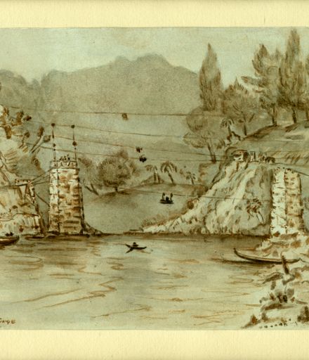 Drawing of the construction of the Upper Manawatu Gorge bridge