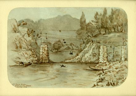 Drawing of the construction of the Upper Manawatu Gorge bridge