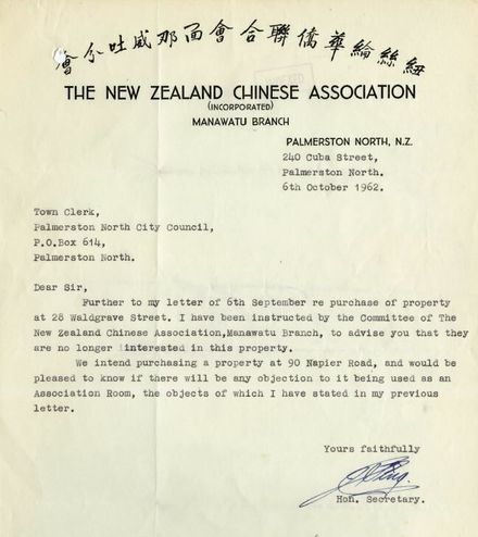 Manawatu Chinese Association - Correspondence for Halls