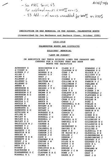 Page 1: Palmerston North War Memorial - list of names of war dead