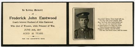 Memorial Card for Frederick John Eastwood