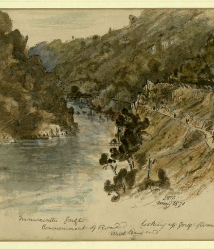 Drawing of construction of road through Manawatū Gorge