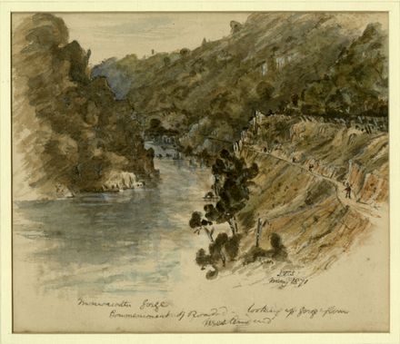 Drawing of construction of road through Manawatū Gorge