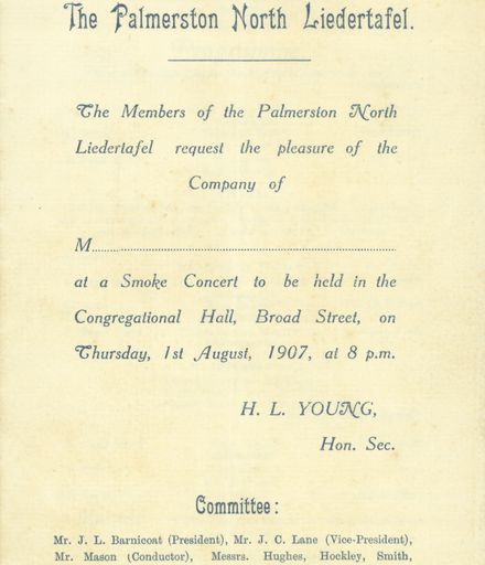 Page 1: Palmerston North Liedertafel Smoke Concert invitation and programme