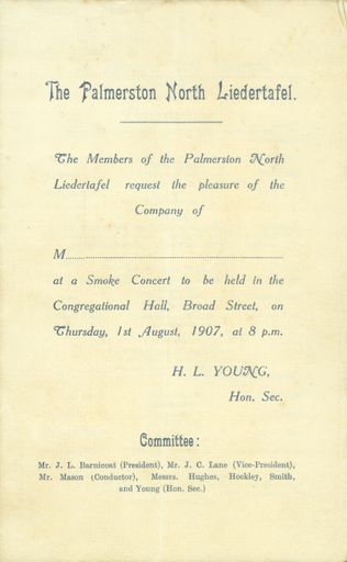 Page 1: Palmerston North Liedertafel Smoke Concert invitation and programme