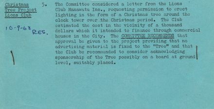 Reserves Committee recommendation that PNCC approve the Lions Club Christmas project to decorate the Palmerston North Clock Tower