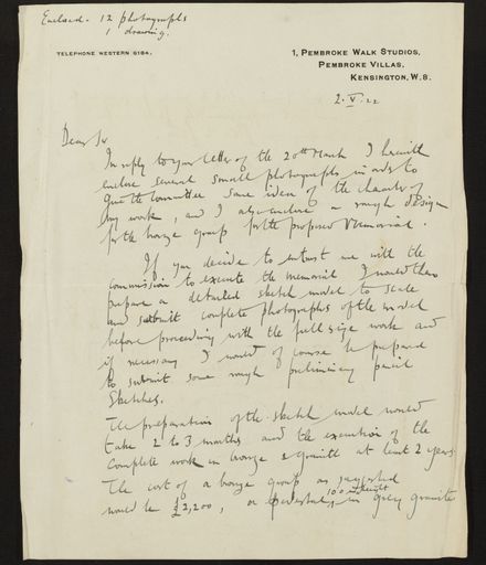 Correspondence regarding design of memorial, PN & Districts Soldiers' Memorial Fund, 2 May 1922